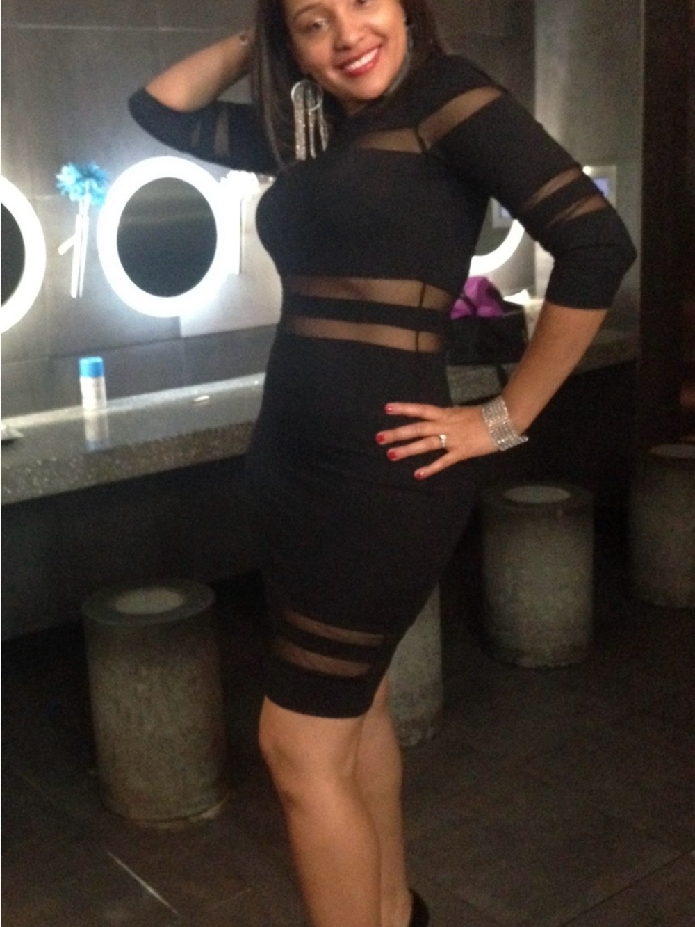 bebe Black Sheer-Panel Midi Bodycon Dress